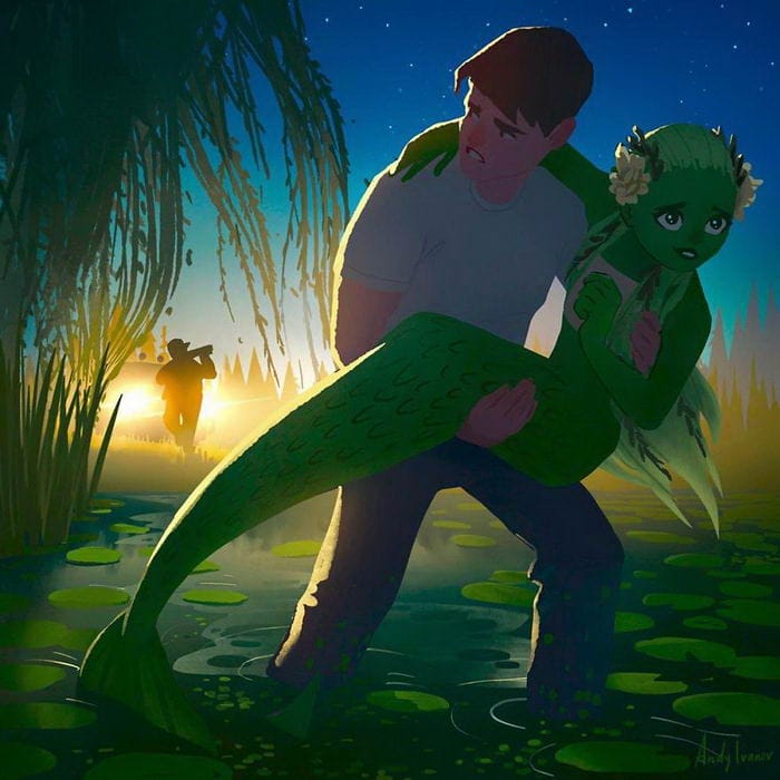 10-16 Young artist draws a cartoon of a green mermaid in a lotus pond that touches the hearts of netizens
