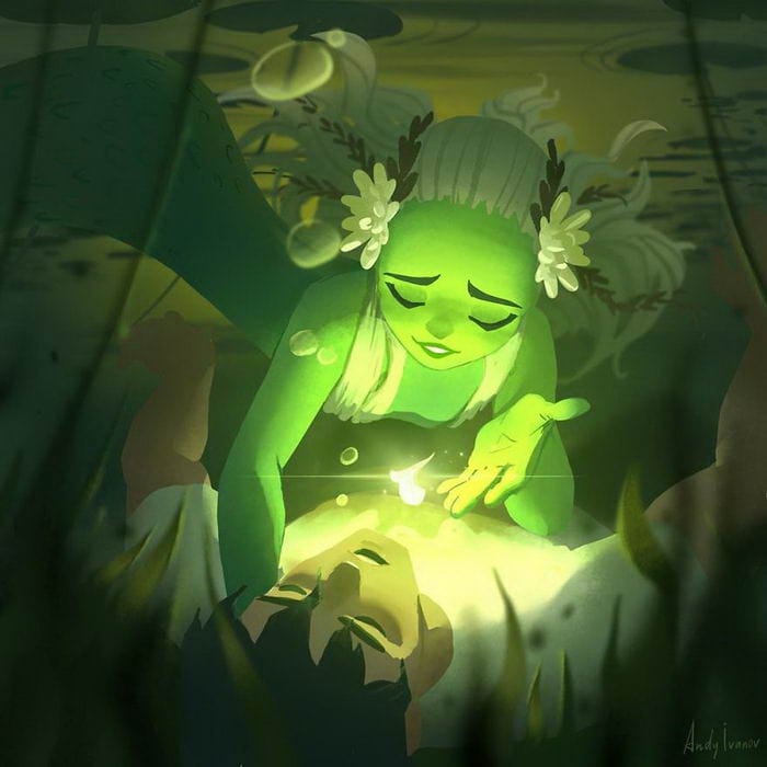 12-16 Young artist draws a cartoon of a green mermaid in a lotus pond that touches the hearts of netizens