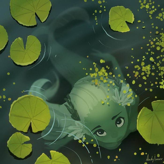 2-24 Young artist draws a cartoon of a green mermaid in a lotus pond that touches the hearts of netizens