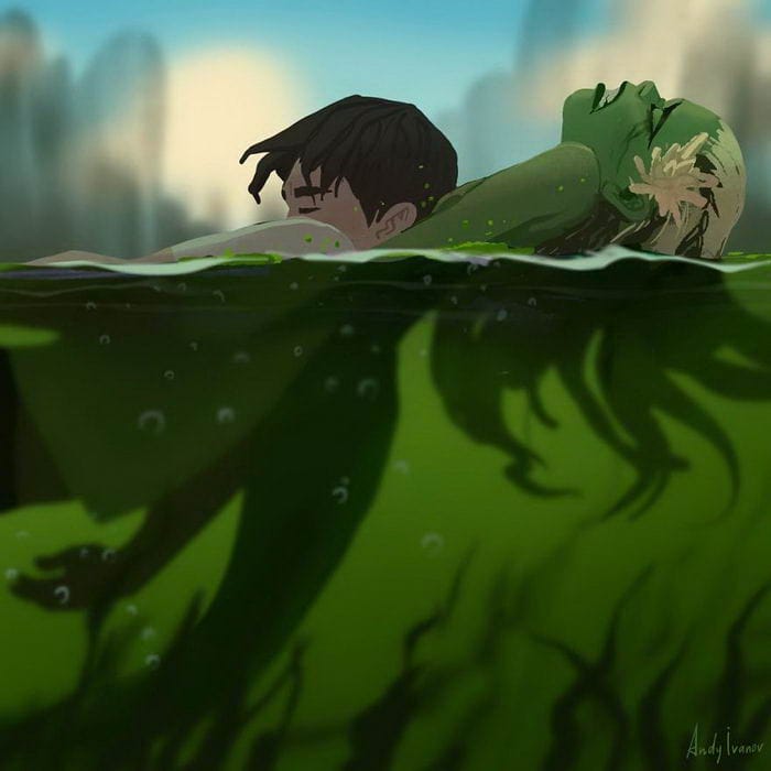 3-22 Young artist draws a cartoon of a green mermaid in a lotus pond that touches the hearts of netizens
