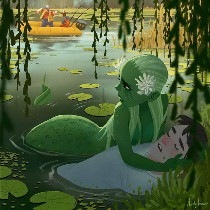 4-22 Young artist draws a cartoon of a green mermaid in a lotus pond that touches the hearts of netizens