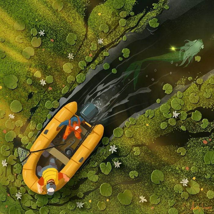 5-22 Young artist draws a cartoon of a green mermaid in a lotus pond that touches the hearts of netizens