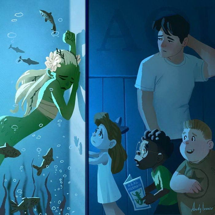 8-17 Young artist draws a cartoon of a green mermaid in a lotus pond that touches the hearts of netizens